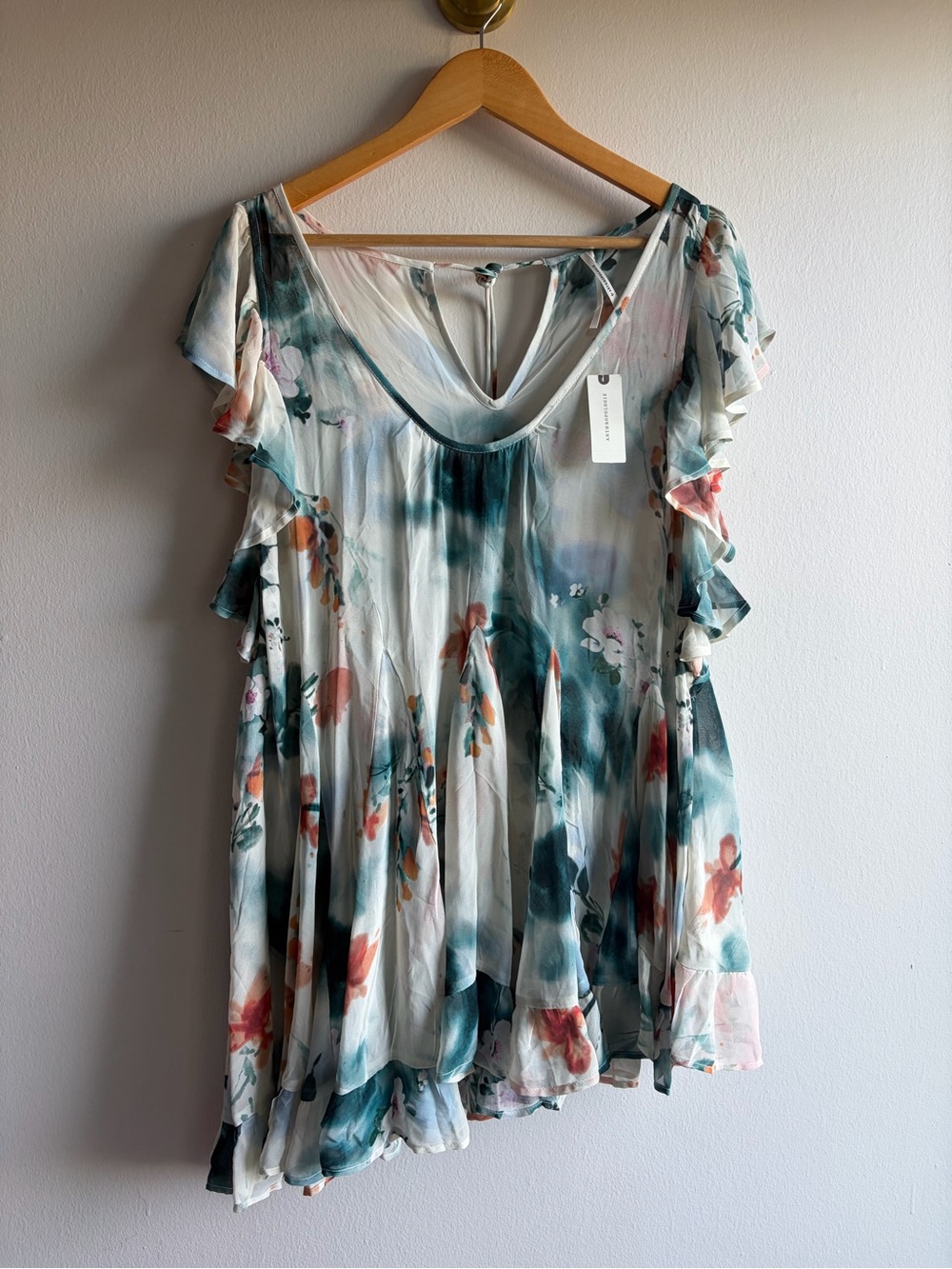 Anthropologie Watercolor Floral V-Neck Tunic - Teal, Coral & Cream